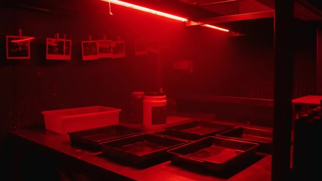 Darkroom Setup with Red Lighting and Photographs Hanging