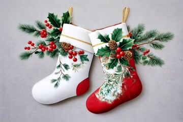 Christmas stockings hanging with pine branches, holly leaves and berries