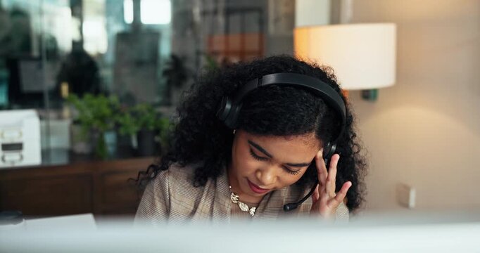 Business woman, consultant and headache with headset for stress or difficult customer in office. Frustrated, female person or agent with migraine for virtual assistance or complaint in workplace
