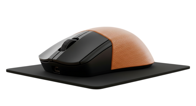 Modern computer mouse with a stylish wooden accent on a black mousepad