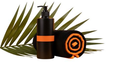 Black pump bottle with orange label and rolled towel with palm leaf