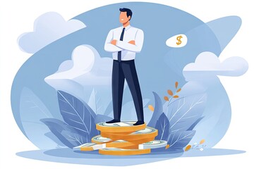 A confident businessman stands atop a large stack of coins and dollar bills, arms crossed, smiling and looking upward towards a dollar sign, set against a serene blue background with stylized foliage