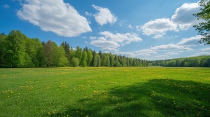 Sunny Meadow with Dandelions and Forest