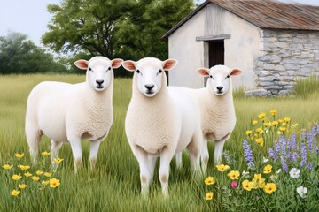 Fototapeta premium Three sheep posing in a field with wildflowers and barn