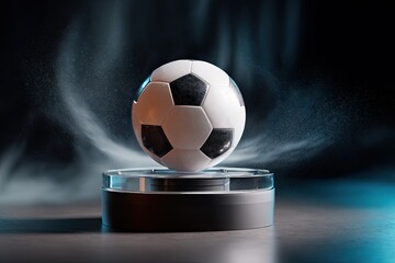 Soccer ball mounted on jet engine-inspired stand surrounded by wind tunnel effects strong directional light and depth cues from
