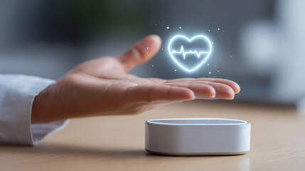 A person holds their hand over a futuristic home health device, and a hologram projects their real-time vital signs, like heart rate and blood