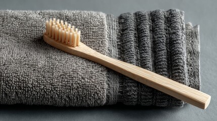 Naklejka premium a bamboo toothbrush on a gray towel