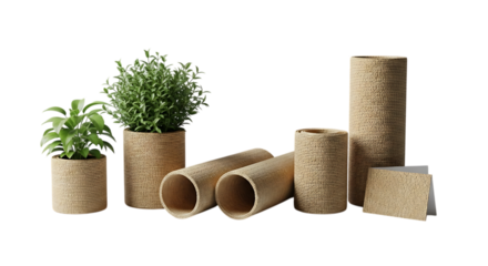 Group of cylindrical woven plant pots and tubes with green plants