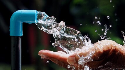 Pure Water: Capture the purity of flowing water and its refreshing splash, a symbol of cleanliness and vitality, as it gracefully cascades from the blue pipe and interacts with the hand. © Stock4u2024 
