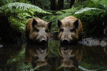 Two wild boars drinking in a pond reflecting in the water in a forest