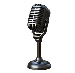 Vintage retro microphone isolated against a transparent background with chrome finish and dramatic lighting