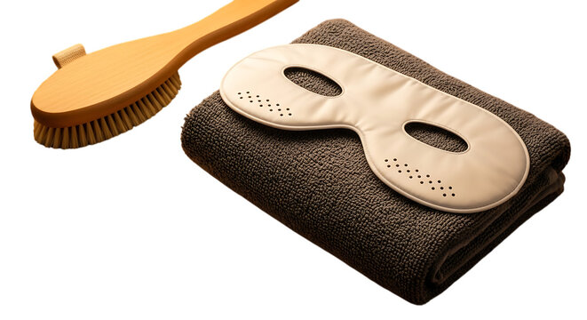 Spa beauty accessories including a brush towel and eye mask