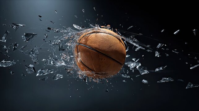 Suspended basketball surrounded by shattered mirror fragments mid-air dynamic directional lighting with strong contrasts detailed surface reflections and particle