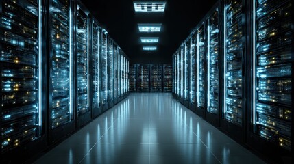 Server Room: A cutting-edge server room showcases rows of powerful servers, symbolizing data storage, network, and technological advancement in a sleek and modern setting.