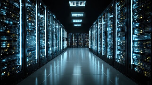 Server Room: A cutting-edge server room showcases rows of powerful servers, symbolizing data storage, network, and technological advancement in a sleek and modern setting.