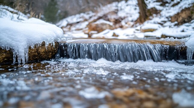 Small waterfall flowing over rocks covered with snow and ice in winter