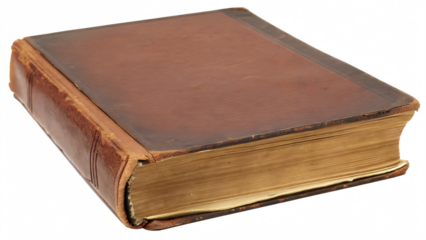 Aged leather bound volume open pages isolated on a transparent background old book