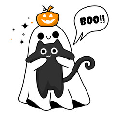 Cute Ghosts Halloween Cartoon Stickers Symbol Collection. Vector Illustration.