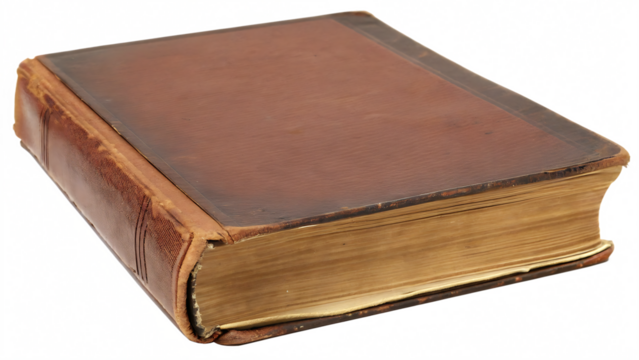 Aged leather bound volume open pages isolated on a transparent background old book