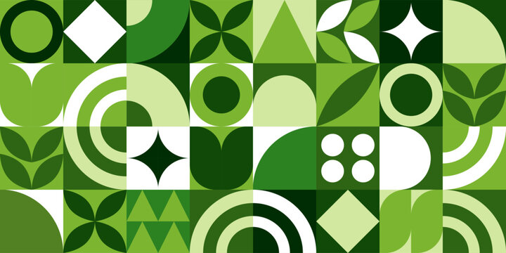 Green eco friendly symbol mosaic seamless pattern illustration set with nature abstract shapes. Fresh organic concept background print. Minimalist environment shape texture, geometry collage.
