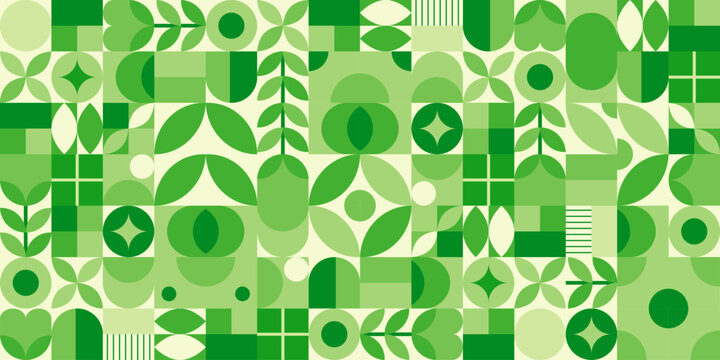 Green eco friendly symbol mosaic seamless pattern illustration set with nature abstract shapes. Fresh organic concept background print. Minimalist environment shape texture, geometry collage.