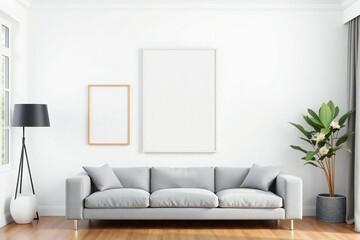 Modern living room with gray sofa floor lamp and plant