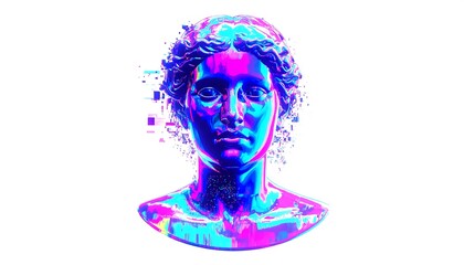 Digital Grecian bust, vibrant colors, pixelated