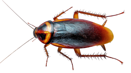 Close-up of a cockroach, detailed view, showcasing its anatomy and colors, white isolate background.