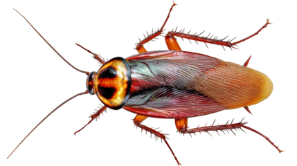 Close-up of a cockroach on a white isolated background, showcasing intricate details of its body and wings.