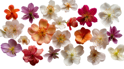 Colorful arrangement of various flower species on a white isolated background.