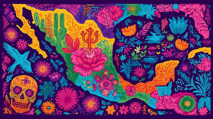 Vibrant Floral Mexico Map with Skull and Bird Illustration Art