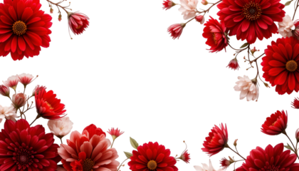 Red floral frame background for valentine's day or wedding invitation with flowers and petals design isolated on tranparent background