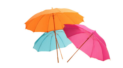 Obraz premium Colorful beach umbrellas on a white isolated background, perfect for summer themes and vacation concepts.