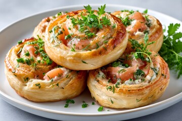 Delicious puff pastry rolls with smoked salmon, cream cheese and herbs garnishing a plate
