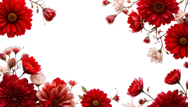 Red floral frame background for valentine's day or wedding invitation with flowers and petals design isolated on tranparent background