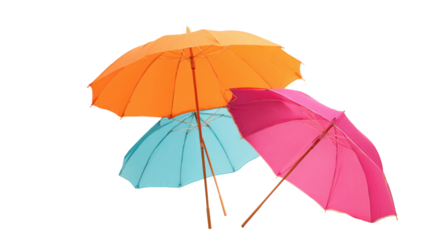 Colorful beach umbrellas on a white isolated background, perfect for summer themes and vacation concepts.