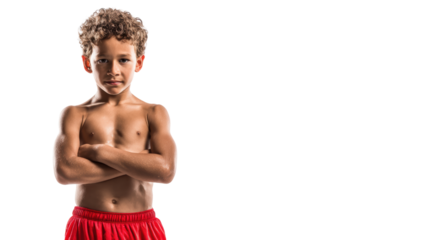 Confident young boy with curly hair posing with crossed arms, against a white background.