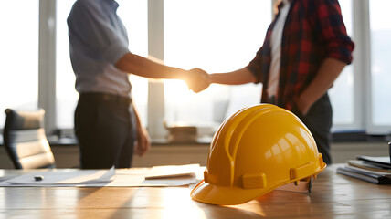 Two construction professionals shake hands in a sunlit office with a yellow hard hat prominently displayed on the desk.