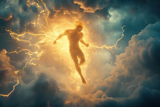 A radiant, muscular humanoid figure, seemingly composed of light and energy, floats amidst dramatic, dark storm clouds, crackling with golden lightning