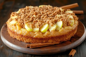 A golden-brown apple crumble cake, generously topped with a crunchy crumble topping and arranged apple slices.  It rests on a dark wooden board, garnished with cinnamon sticks