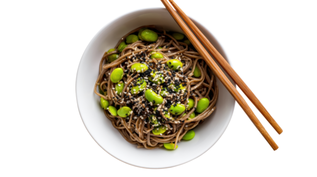 Delicious bowl of soba noodles topped with edamame and sesame, served with wooden chopsticks.