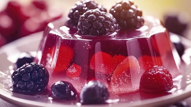 A delicious and healthy blueberry and raspberry jello dessert with fresh berries on top, perfect for summer or any time you want a refreshing treat.