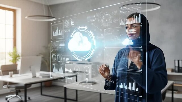 Arab businesswoman using cloud technology in a modern office interface screen - Powered by Adobe
