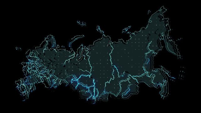Animated map showcasing the borders and major rivers of Russia, set against a black background. The map is animated with a soft, glowing effect, creating a sense of movement and energy