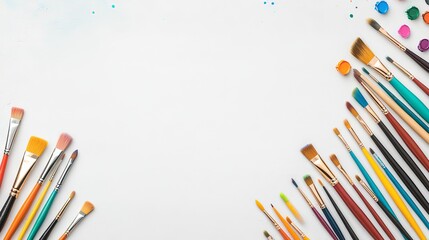 Fototapeta premium A collection of paintbrushes arranged around a blank canvas for artistic creation.
