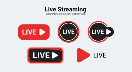 Vector Minimalist SVG Icon Set with Live Streaming Symbols in Flat Design Style Featuring Red Black and White Colors