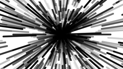 A dynamic, monochrome explosion of black and gray lines radiating from a central point against a white background, creating a powerful, high-energy effect suggesting speed, impact, or a cosmic burst.