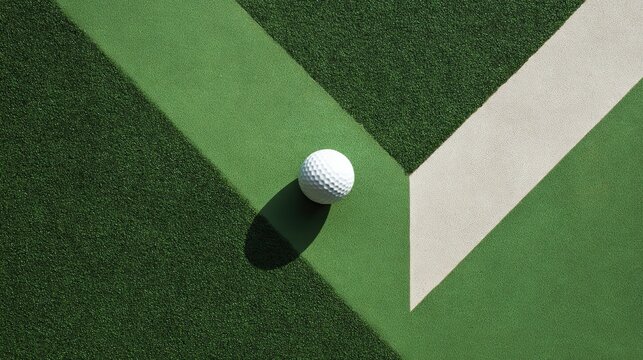 Top-down photo of golf ball on minimal graphic putting green mat with directional backlight modern studio setup and vibrant - Powered by Adobe