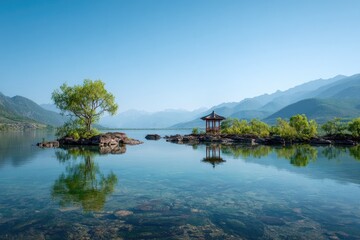Obraz premium Tranquil lake, gazebo, mountains