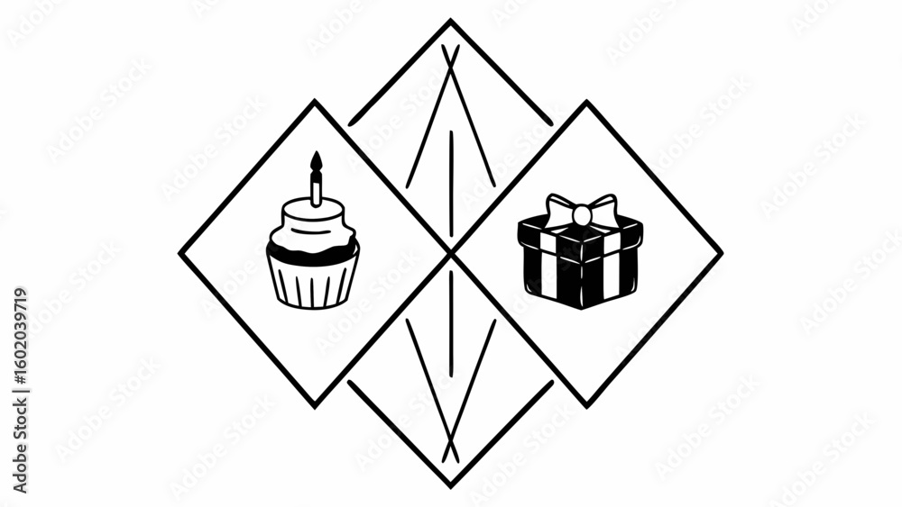 Poster cupcake and gift box in diamond frame with intersecting lines forming a geometric design element cre
